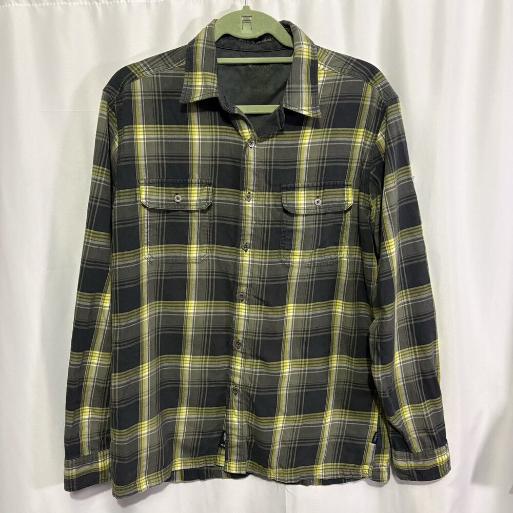 Kuhl Eluxur Ionik Merino Wool Blend Plaid Flannel L/S Grey Yellow Mens Sz Med